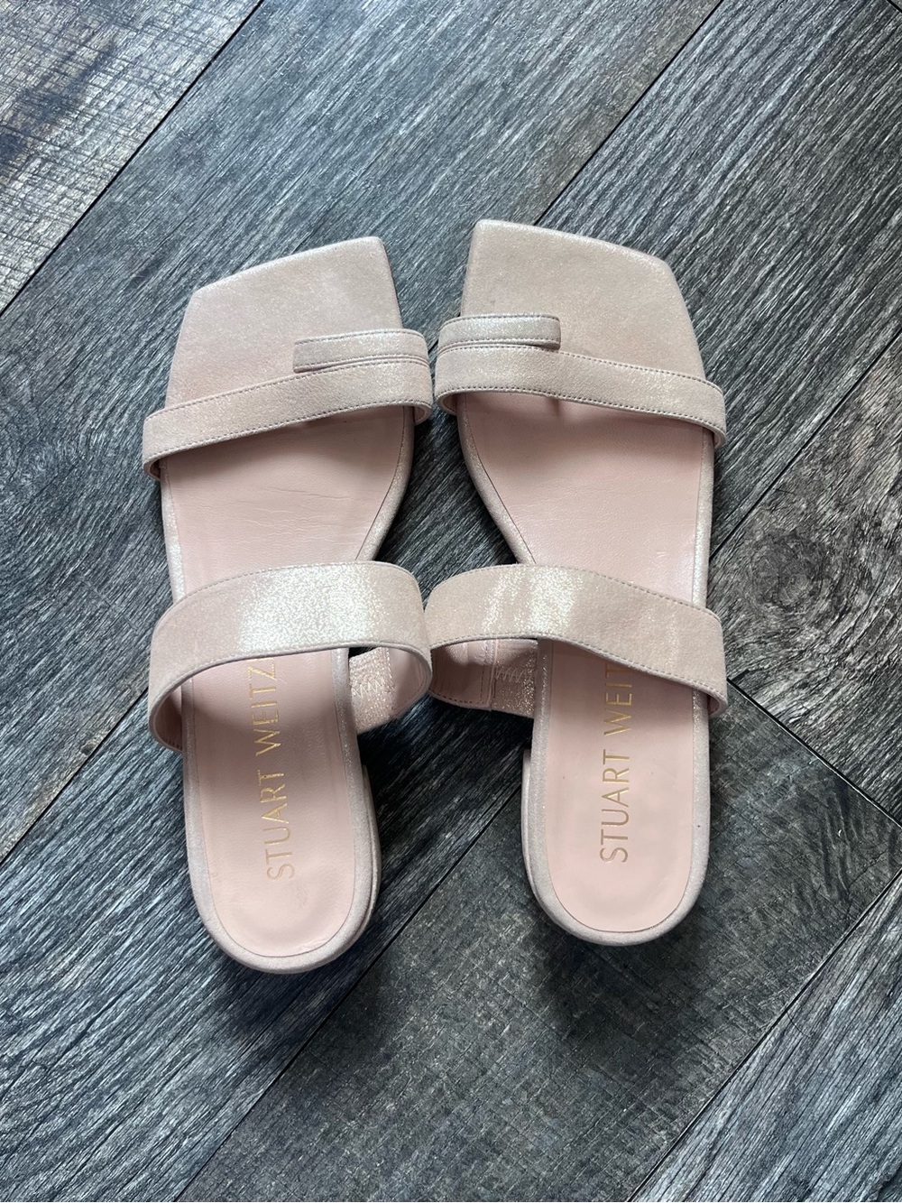 Stuart Weitzman Metallic Gold Suede Square Toe Block Heel Sandals size 7